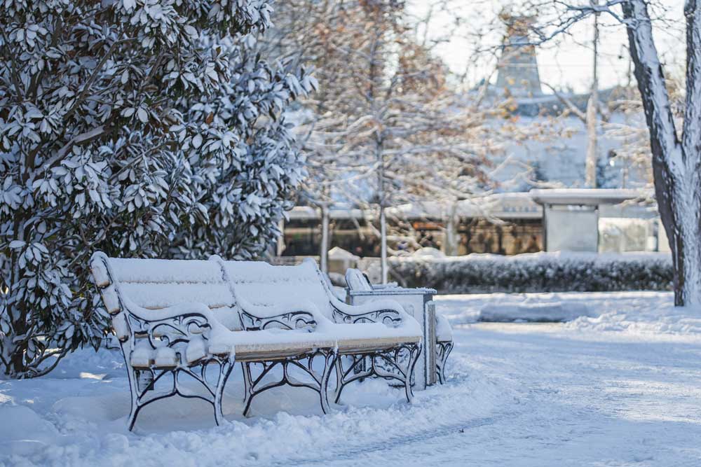 A park bench covered in snow
