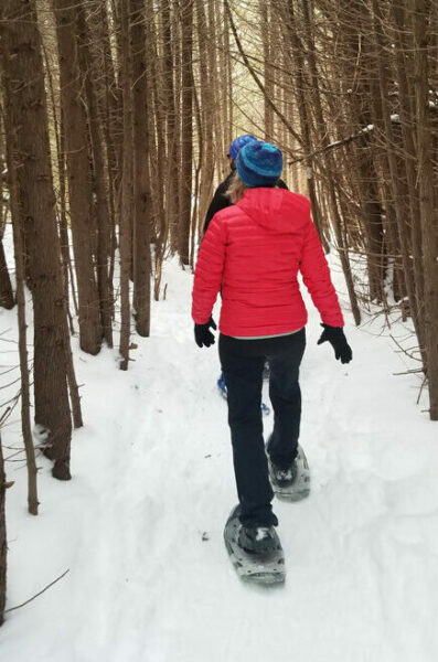 Two people snowshoeing in a trail