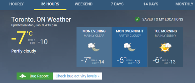 Weather report for Toronto on January 3, 2022 - minus 7 degrees Celcius