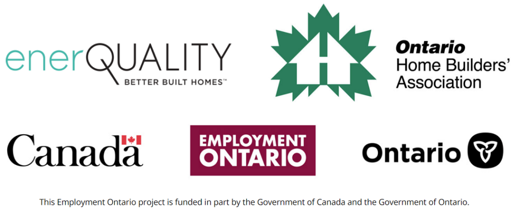 Logos for Ontario Home Builders' Job-Ready Program: EnerQuality, Ontario Home Builders' Association, the Government of Canada, Employment Ontario, and the Government of Ontario.