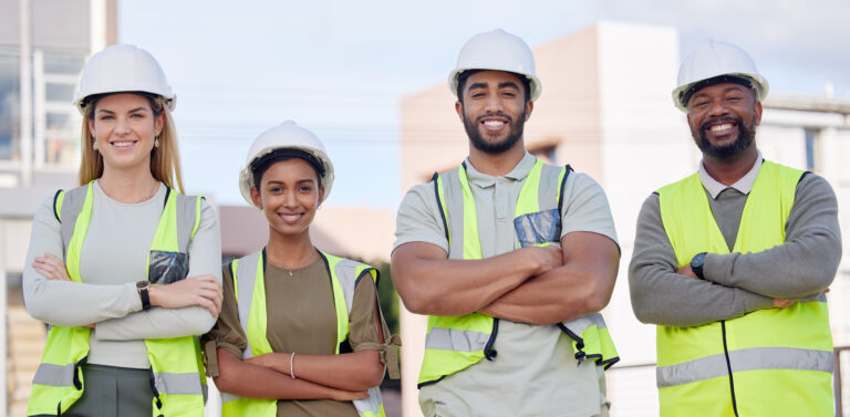 Four smiling people with arms crossed in construction vests and white hard hats.