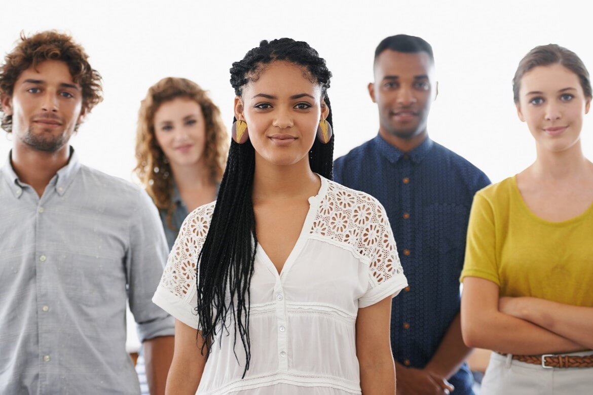 Business people, portrait and happy with teamwork in studio for recruitment, onboarding and hiring process with pride. Collaboration, professional workers and face with diversity on white background